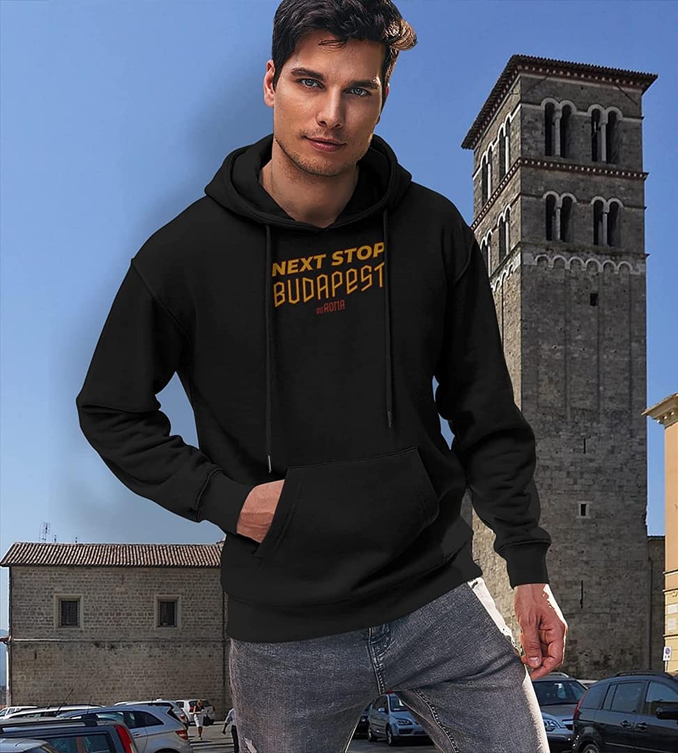 Settantallora - Felpa Cappuccio Uomo T-Shirt celebrativa Finale Europa League Roma. Maglia Next Stop Budapest euROMA per Veri - immagine 2